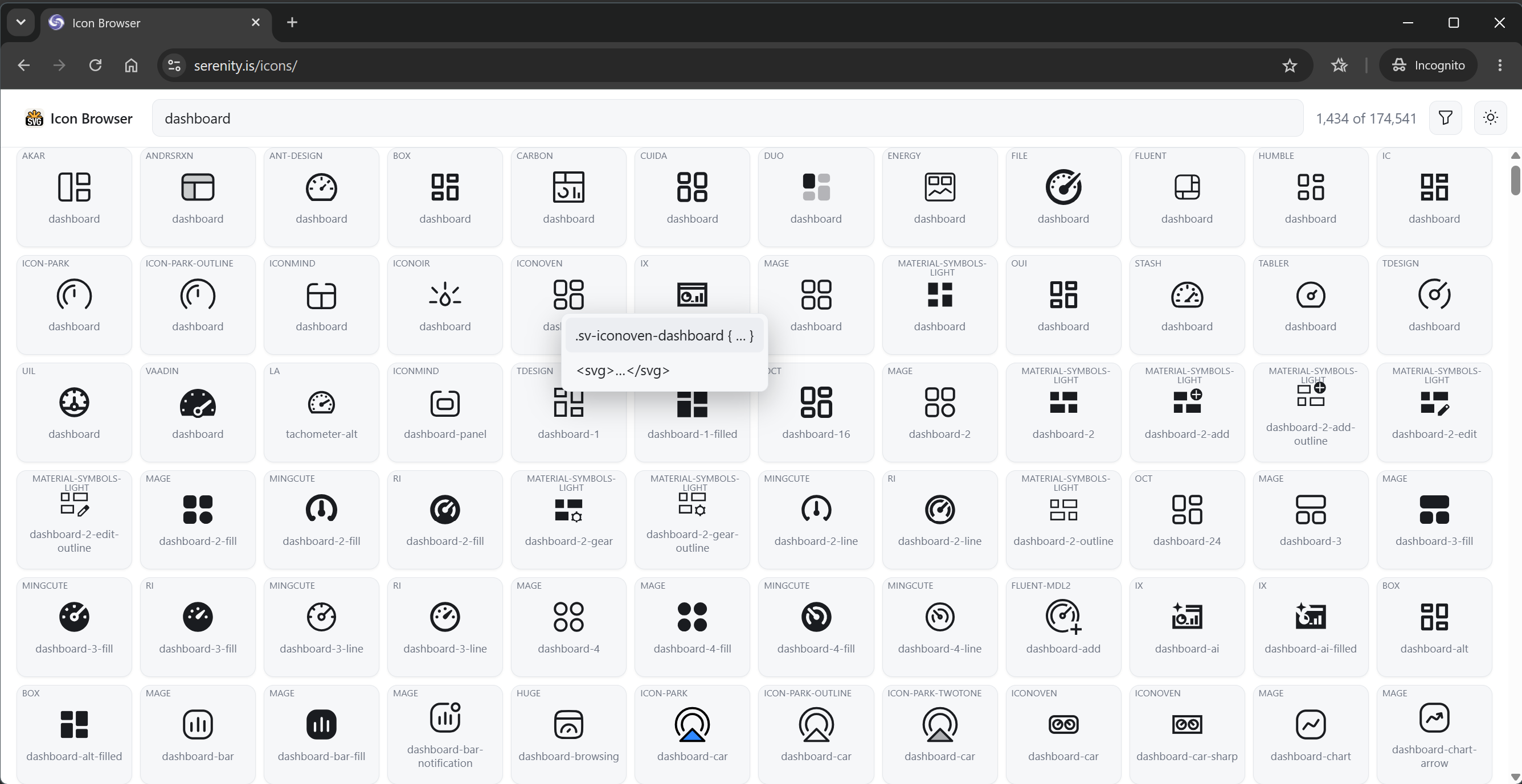 Icon browser searching for "dashboard", with the copy tooltip showing the .sv-iconoven-dashboard rule and its SVG markup